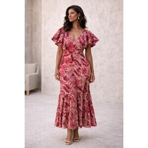 Johanna Ortiz x H&M Red Pink Ruffled Maxi Eyelet Dress Cotton Broderie XL
